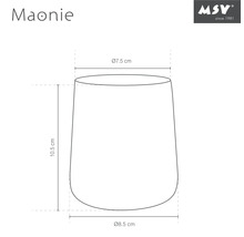 Maßzeichnung MSV Zahnputzbecher Maonie: Höhe 10,5 Zentimeter, Durchmesser oben 7,5 Zentimeter, Durchmesser unten 8,5 Zentimeter. MSV Logo.