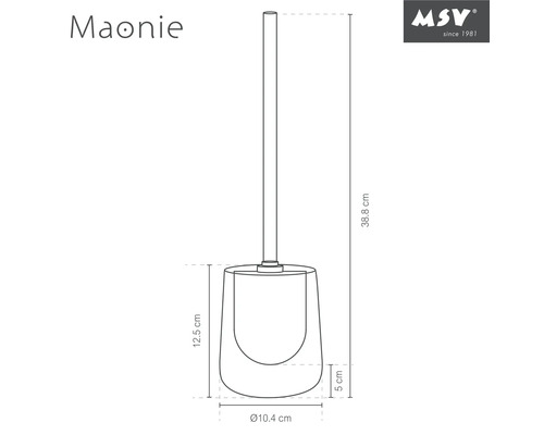 Technische Zeichnung der Toilettenbürste Maonie von MSV mit Maßen: Gesamthöhe 38,8 Zentimeter, Behälterhöhe 12,5 Zentimeter und Breite 10,4 Zentimeter.