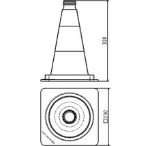 Technische Zeichnung eines Leitkegels mit Maßangaben: Höhe 320 und quadratische Standfläche 230 mal 230.