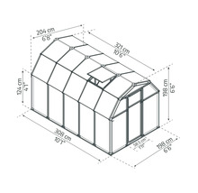 Maßzeichnung Gewächshaus mit Runddach, Dachfenster und Schiebetür, Länge 321 Zentimeter, Breite 204 Zentimeter, Höhe 198 Zentimeter.