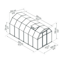 Maßzeichnung eines Gewächshauses mit einer Länge von 383 Zentimetern, einer Breite von 198 Zentimetern und einer Firsthöhe von 204 Zentimetern.
