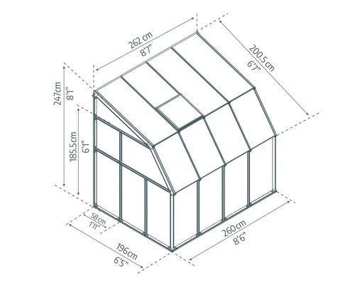 Technische Zeichnung eines Anlehngewächshauses mit Maßangaben: Breite 260 Zentimeter, Tiefe 196 Zentimeter, Gesamthöhe 247 Zentimeter.