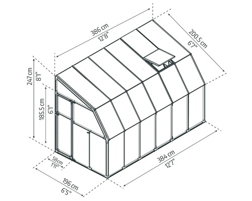 Technische Zeichnung eines Gewächshauses mit Maßen: Länge 384 Zentimeter, Breite 196 Zentimeter, Höhe 247 Zentimeter.
