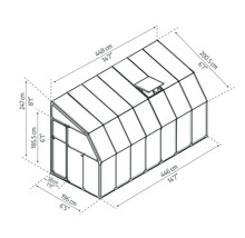 Technische Zeichnung eines Gewächshauses mit Maßangaben: Länge 448 Zentimeter, Breite 196 Zentimeter, Höhe 247 Zentimeter.