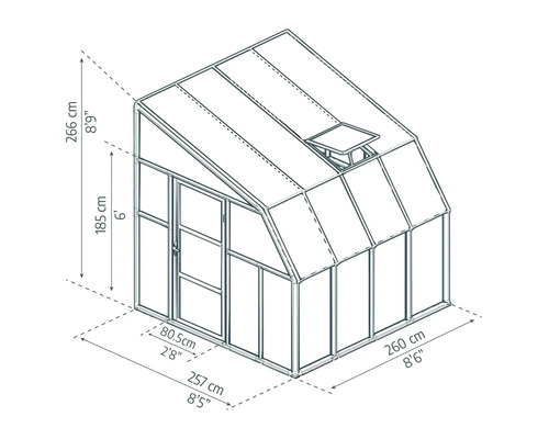 Maßzeichnung eines Gewächshauses mit Pultdach, Tür und Dachfenster. Maße: 266 Zentimeter Höhe, 260 Zentimeter Länge, 257 Zentimeter Breite.
