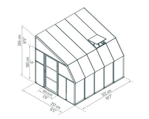 Maßzeichnung eines Gewächshauses mit den Maßen 257 mal 322 Zentimeter und einer Gesamthöhe von 266 Zentimeter.