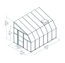 Technische Zeichnung eines Anlehngewächshauses mit Maßen: Höhe 266 Zentimeter, Breite 257 Zentimeter, Länge 384 Zentimeter.