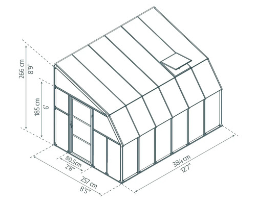 Technische Zeichnung eines Anlehngewächshauses mit Maßen: Höhe 266 Zentimeter, Breite 257 Zentimeter, Länge 384 Zentimeter.