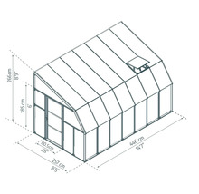 Technische Zeichnung eines Gewächshauses mit Maßen: Höhe 266 Zentimeter, Breite 257 Zentimeter, Länge 446 Zentimeter.