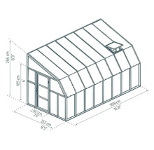 Maße Gewächshaus: Länge 508 Zentimeter, Breite 257 Zentimeter, Gesamthöhe 266 Zentimeter, Seitenhöhe 185 Zentimeter, Türbreite 80,5 Zentimeter.