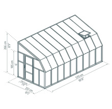Skizze Gewächshaus: Länge 570 Zentimeter, Breite 257 Zentimeter, Gesamthöhe 266 Zentimeter, Seitenwandhöhe 185 Zentimeter.