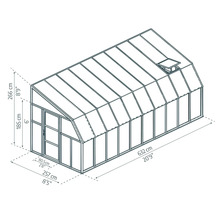 Technische Zeichnung eines Gewächshauses mit Maßen von 257 mal 632 mal 266 Zentimeter und einer Türbreite von 80,5 Zentimeter.