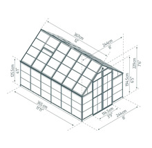 Technische Zeichnung eines Gewächshauses mit Maßen: Länge 367 Zentimeter, Breite 244 Zentimeter, Firsthöhe 229 Zentimeter.