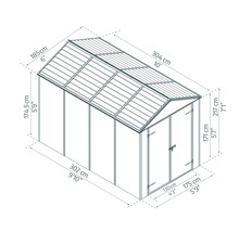 Maßzeichnung eines Gartenhauses mit Satteldach und Doppeltür mit Angaben zu Breite, Tiefe und Höhe in Zentimetern.