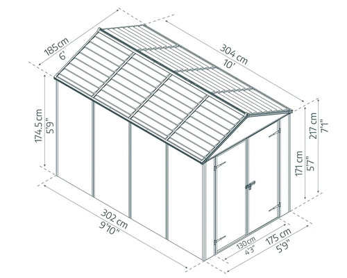 Maßzeichnung eines Gartenhauses mit Satteldach und Doppeltür mit Angaben zu Breite, Tiefe und Höhe in Zentimetern.