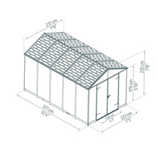 Gartenhaus mit Abmessungen: Länge 377 Zentimeter, Breite 237 Zentimeter, Höhe 235 Zentimeter, Türbreite 130 Zentimeter.