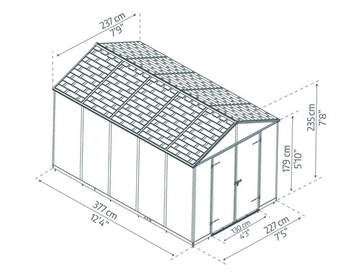 Gartenhaus mit Abmessungen: Länge 377 Zentimeter, Breite 237 Zentimeter, Höhe 235 Zentimeter, Türbreite 130 Zentimeter.