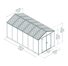 Maßskizze eines Gartenhauses. Länge 452 Zentimeter, Breite 237 Zentimeter, Höhe 235 Zentimeter, Türbreite 130 Zentimeter.