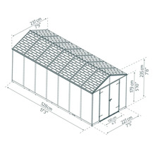 Technische Zeichnung eines Gartenhauses mit Maßen: Länge 528 Zentimeter, Breite 237 Zentimeter, Gesamthöhe 235 Zentimeter.