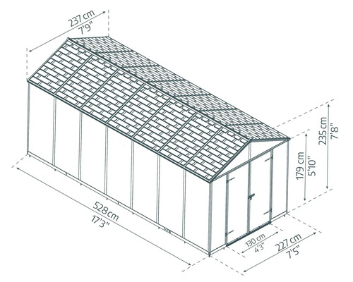 Technische Zeichnung eines Gartenhauses mit Maßen: Länge 528 Zentimeter, Breite 237 Zentimeter, Gesamthöhe 235 Zentimeter.