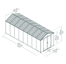 Maßzeichnung Gartenhaus: Länge 602 Zentimeter, Breite 237 Zentimeter, Höhe 235 Zentimeter, Türbreite 130 Zentimeter.
