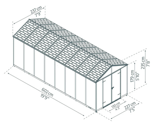 Maßzeichnung Gartenhaus: Länge 602 Zentimeter, Breite 237 Zentimeter, Höhe 235 Zentimeter, Türbreite 130 Zentimeter.