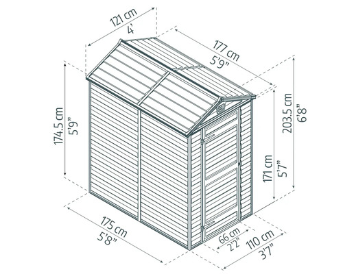 Technische Zeichnung eines Gerätehauses mit detaillierten Maßangaben für Höhe, Breite und Tiefe.