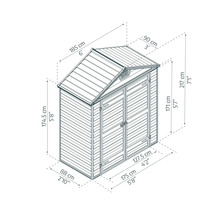 Technische Zeichnung eines Gartenhauses mit Maßangaben in Zentimetern. Breite 185 Zentimeter, Tiefe 90 Zentimeter, Höhe 217 Zentimeter.