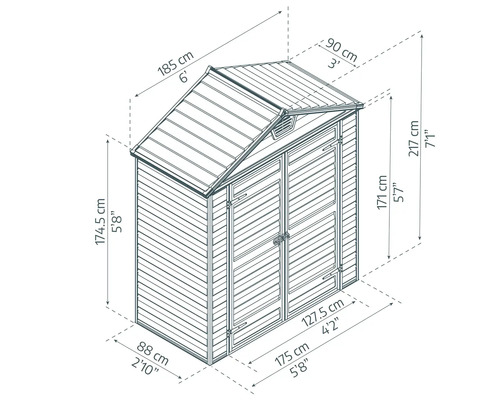 Technische Zeichnung eines Gartenhauses mit Maßangaben in Zentimetern. Breite 185 Zentimeter, Tiefe 90 Zentimeter, Höhe 217 Zentimeter.