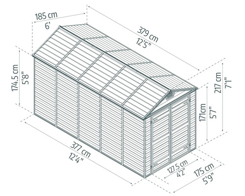 Maßzeichnung eines Gartenhauses. Länge 379 Zentimeter, Breite 185 Zentimeter, Gesamthöhe 217 Zentimeter, Seitenwandhöhe 174,5 Zentimeter.