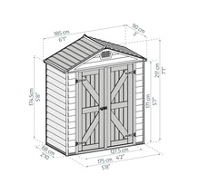 Maßzeichnung eines Gartenhauses mit Satteldach und Doppeltür. Breite 185 Zentimeter, Tiefe 90 Zentimeter, Höhe 217 Zentimeter.