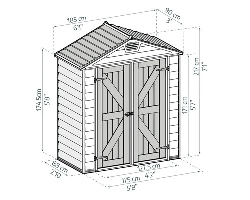 Maßzeichnung eines Gartenhauses mit Satteldach und Doppeltür. Breite 185 Zentimeter, Tiefe 90 Zentimeter, Höhe 217 Zentimeter.
