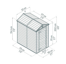 Technische Zeichnung eines Gerätehauses mit detaillierten Maßangaben für Höhe, Breite und Tiefe.