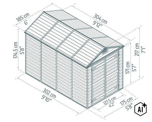 Technische Zeichnung eines Gartenhauses mit Maßangaben in Zentimeter und Fuß für Länge, Breite und Höhe. (Image AI modified or generated)