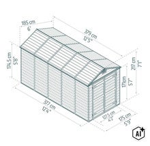 Maßskizze eines Gartenhauses mit Satteldach und Doppeltür inklusive Angaben zu Breite Tiefe und Höhe in Zentimetern und Fuß (Image AI modified or generated)