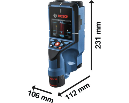 Bosch Ortungsgerät mit Abmessungen Höhe 231 Millimeter, Breite 106 Millimeter und Tiefe 112 Millimeter.