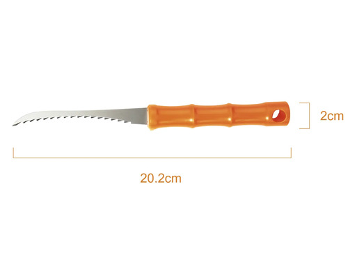 Stichsäge mit orangefarbenem Kunststoffgriff, Gesamtlänge 20,2 Zentimeter, Breite 2 Zentimeter.