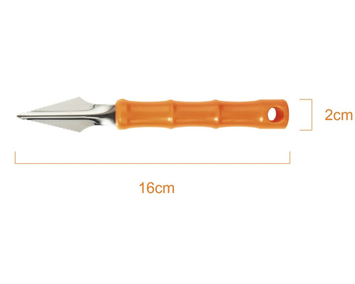 Fugenkratzer mit orangefarbenem Kunststoffgriff, Gesamtlänge 16 Zentimeter, Breite 2 Zentimeter.
