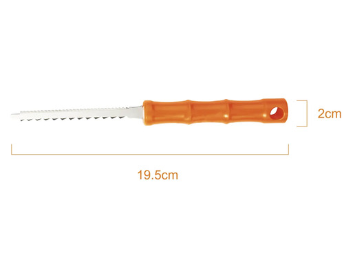 Fugensäge mit ergonomischem Kunststoffgriff, Gesamtlänge 19,5 Zentimeter, Griffhöhe 2 Zentimeter.