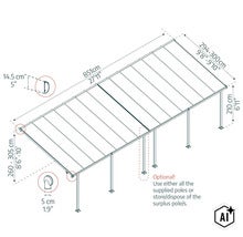 Technische Zeichnung einer Terrassenüberdachung mit Bemaßung in Zentimetern und Angaben zu optionalen Pfosten. (Image AI modified or generated)