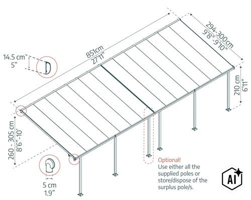 Technische Zeichnung einer Terrassenüberdachung mit Bemaßung in Zentimetern und Angaben zu optionalen Pfosten. (Image AI modified or generated)