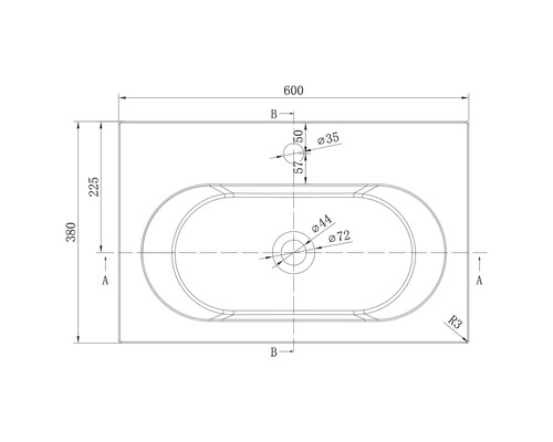 Maßzeichnung eines rechteckigen Waschbeckens in der Draufsicht mit den Maßen 600 mal 380 Millimeter und Details zu den Bohrungen.