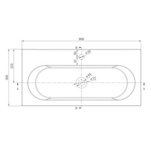 Technische Zeichnung eines Waschbeckens in der Draufsicht mit Maßangaben in Millimeter. Breite 800 Millimeter, Tiefe 380 Millimeter.