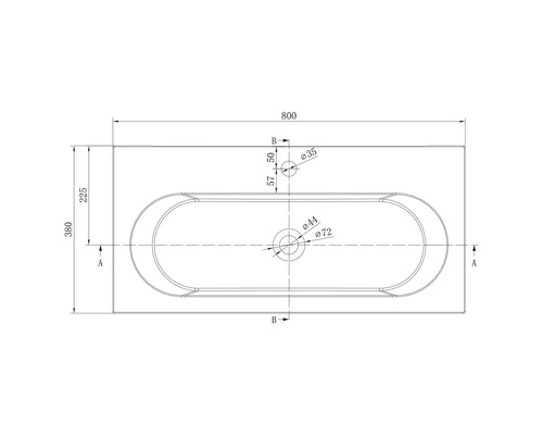Technische Zeichnung eines Waschbeckens in der Draufsicht mit Maßangaben in Millimeter. Breite 800 Millimeter, Tiefe 380 Millimeter.