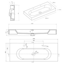 Technische Zeichnung eines rechteckigen Waschbeckens mit ovaler Mulde und Maßen in Millimeter und Zentimeter.