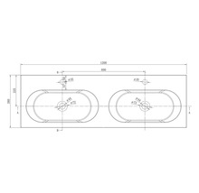 Technische Zeichnung für einen Doppelwaschtisch mit zwei ovalen Waschbecken, Gesamtbreite 1200 Millimeter und Tiefe 380 Millimeter.