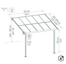 Technische Zeichnung einer Terrassenüberdachung mit detaillierten Bemaßungen der Breite, Tiefe und Montagehöhe. (Image AI modified or generated)
