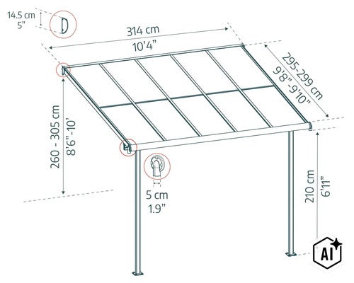 Technische Zeichnung einer Terrassenüberdachung mit detaillierten Bemaßungen der Breite, Tiefe und Montagehöhe. (Image AI modified or generated)