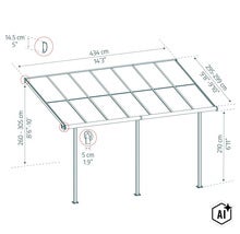 Technische Zeichnung einer Terrassenüberdachung mit Bemaßung der Länge, Tiefe und Höhe in Zentimeter. (Image AI modified or generated)