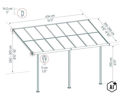 Technische Zeichnung einer Terrassenüberdachung mit Bemaßung der Länge, Tiefe und Höhe in Zentimeter. (Image AI modified or generated)